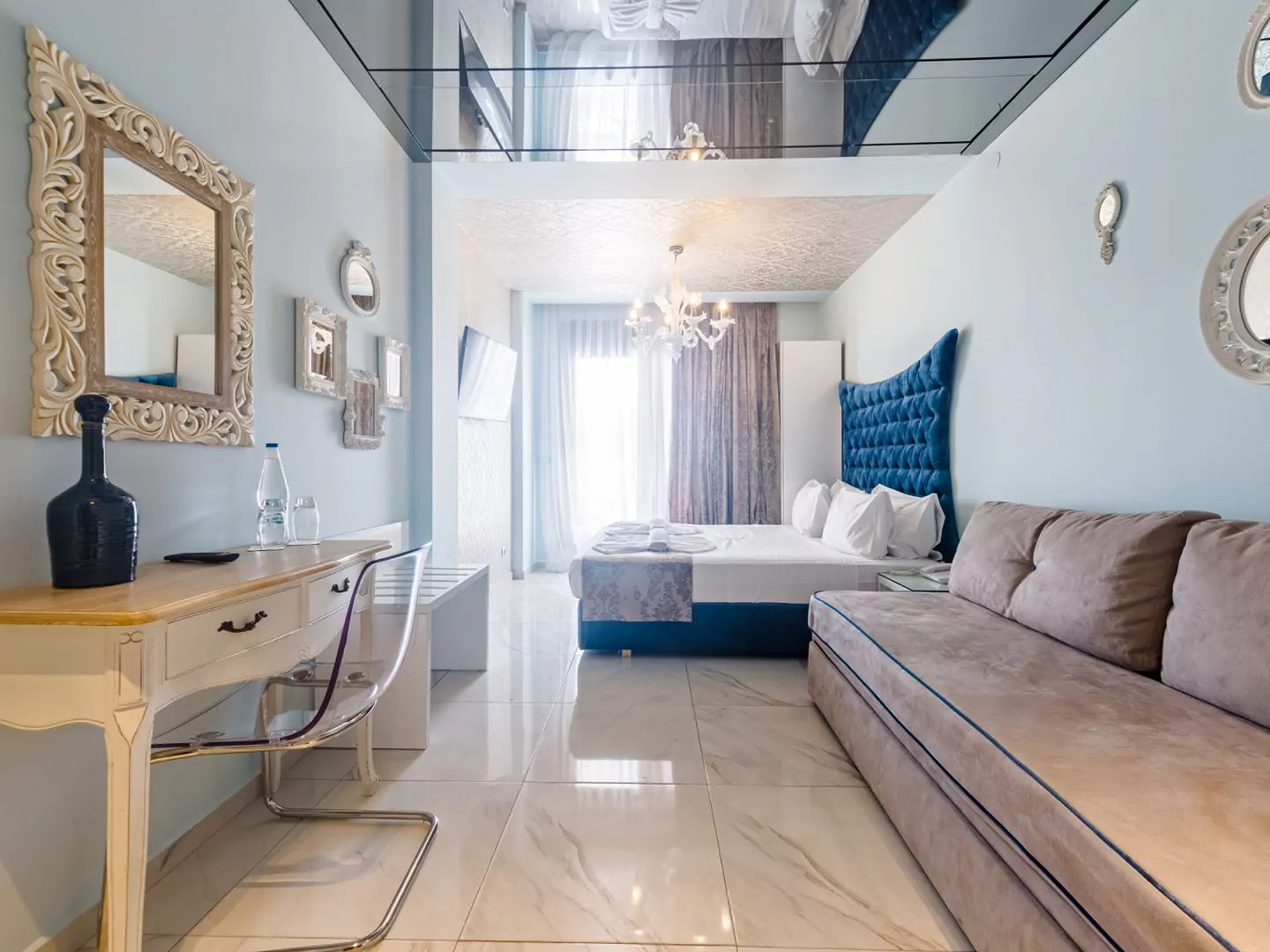 Modern luxury suite bedroom with sea view balcony at Alpha Luxury Suites Pefkohori Halkidiki