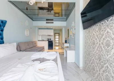 Modern luxury suite bedroom with sea view balcony at Alpha Luxury Suites Pefkohori Halkidiki