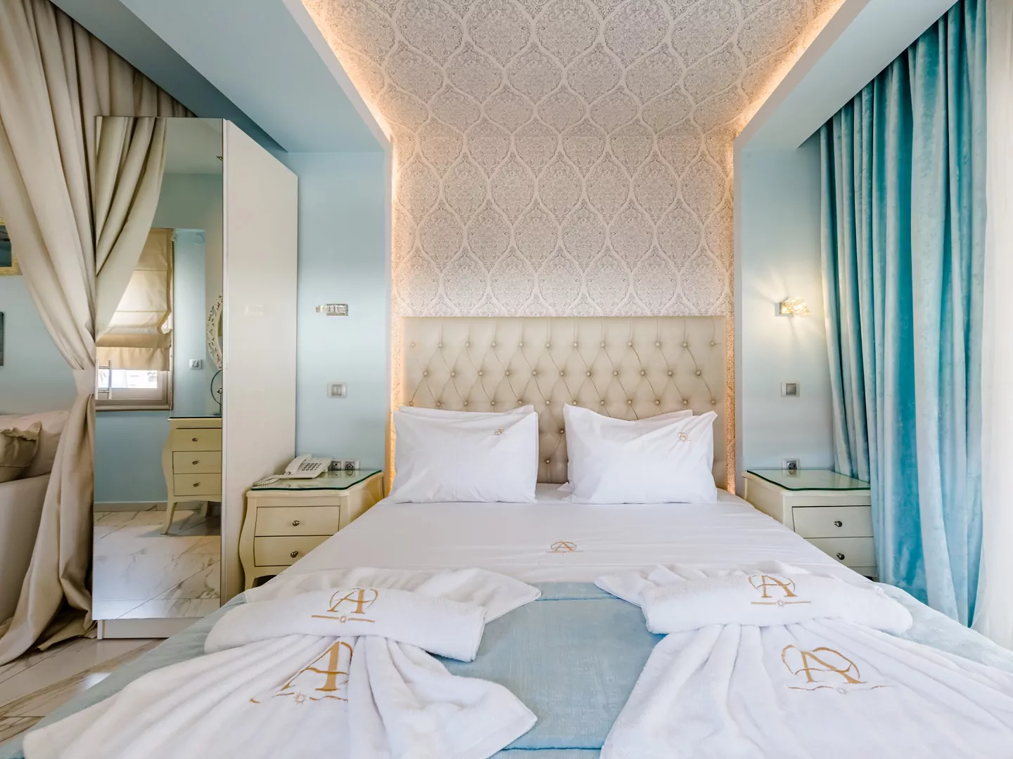 Modern luxury suite bedroom with sea view balcony at Alpha Luxury Suites Pefkohori Halkidiki