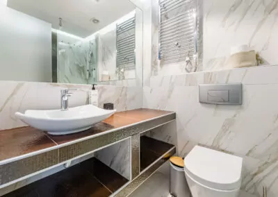 Modern marble bathroom with walk-in rain shower and luxury amenities at Alpha Luxury Suites